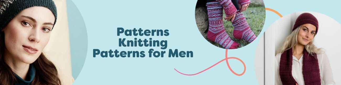 Collage of men’s knit projects—beanie, socks, and scarf—showcasing Hobbii’s free knitting patterns for men in classic, wearable styles.