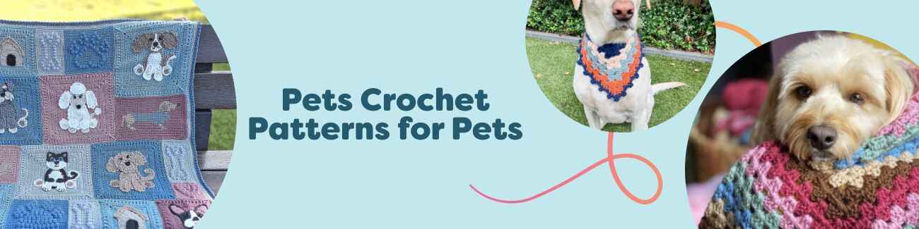 Pet crochet patterns from Hobbii featuring a cozy dog bed, blanket, and bandana made with soft yarns, styled with a happy pup.
