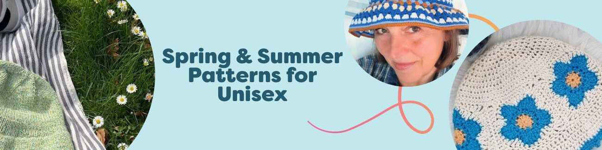 Hobbii unisex spring and summer knit and crochet patterns: bucket hats, mesh tanks, and lightweight socks made with bright, airy yarns.