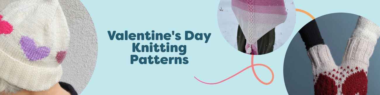 Collage of free Valentine's Day knitting patterns from Hobbii: heart-themed beanies, shawls, mittens, bags, and a laptop sleeve in pinks and reds.