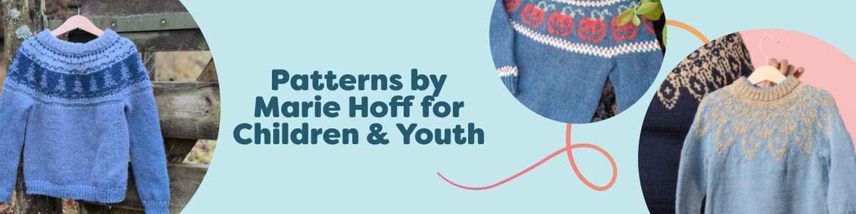 Grid of Marie Hoff patterns for children and youth from Hobbii: colorful kids sweaters with seasonal motifs and cozy textures, sized for kids and teens.