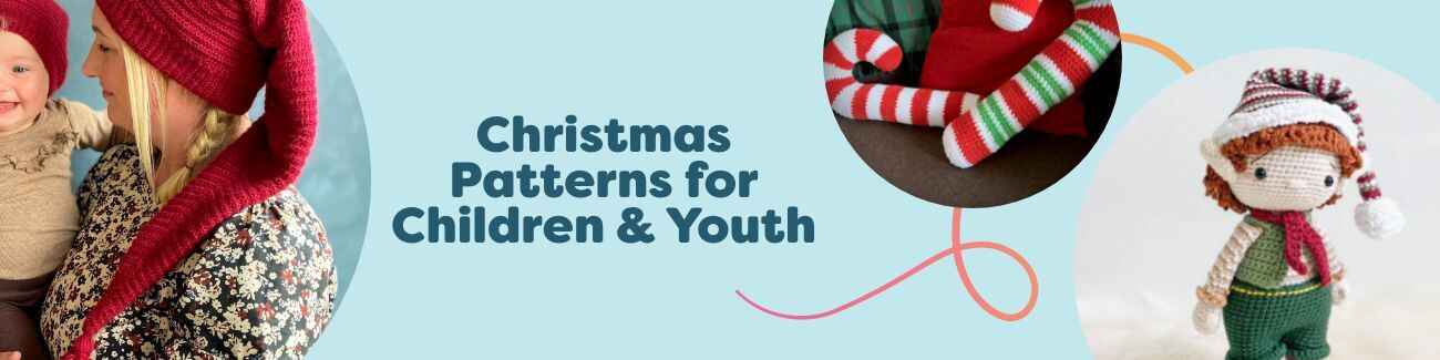 Christmas-themed knitting and crochet pattern collection for kids: pixie hat, reindeer and elf plushies, teddy, and XL candy cane pillow on a festive backdrop.