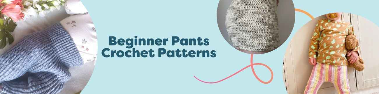 Flat lay of crocheted baby pants, kids shorts, and children's trousers in soft yarns - beginner-friendly patterns from Hobbii.