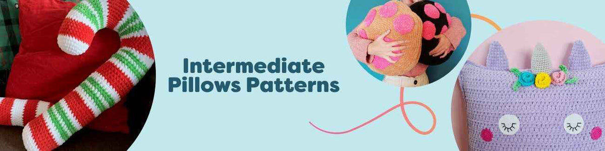Grid of intermediate pillow patterns from Hobbii—crochet and knit designs with textures, colorwork, and motifs like candy cane, cat paw, hearts, and unicorn.