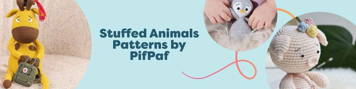 Assorted amigurumi stuffed animal crochet patterns by PifPaf from Hobbii: giraffe, penguin, piglet, dog, elephant.