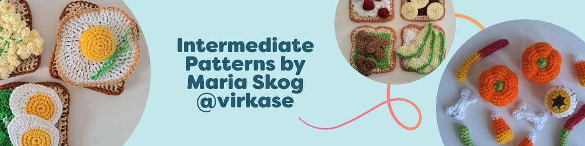 Assortment of intermediate crochet patterns by Maria Skog (@virkase) featuring food-themed amigurumi—toast, cupcakes with cherries, pie, and Halloween candy—styled with Hobbii yarn.
