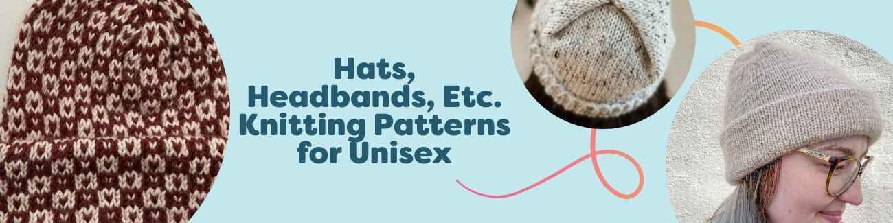 Unisex knitting pattern collection featuring hats, beanies, headbands, and bucket hats made with Hobbii yarns on diverse models.
