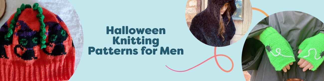 Men’s Halloween knitting patterns by Hobbii: black cat hat, hooded cat cape, spider mitts, and Pumpkinstein socks in autumn yarns.