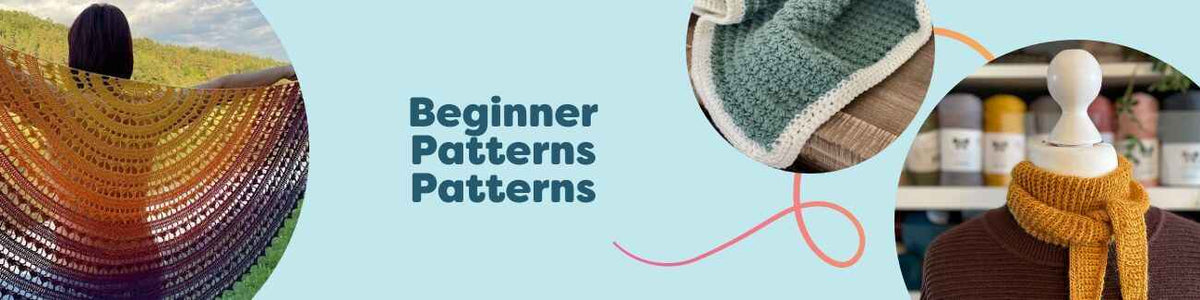 Beginner-friendly knitting and crochet patterns from Hobbii: scarves, shawls, baby blankets, and hats displayed together.