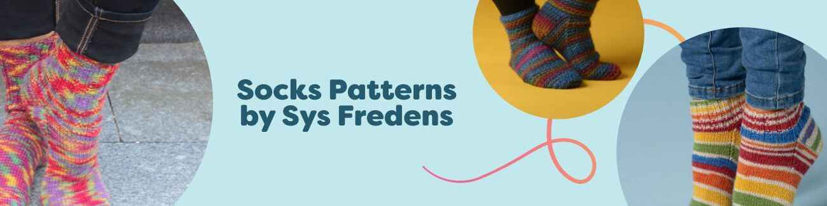 Collage of free sock patterns by Sys Fredens for knitting and crochet, featuring ankle, women’s, and Christmas socks made with Hobbii yarn.