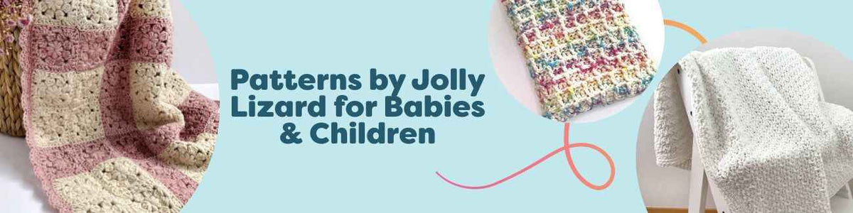 Collage of Jolly Lizard knit and crochet baby blankets and kids accessories—Heirloom Bloom, Iris, Eira, Golden Fleece, and the Autumn Hugs set.