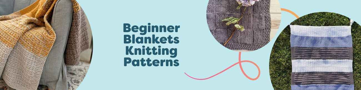 Assortment of beginner-friendly knit blankets in baby and throw sizes, shown in soft neutrals and pastels, styled with Hobbii yarn.