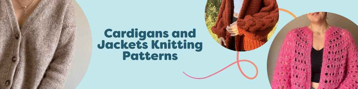 Models wearing hand-knit cardigans and jackets in various textures and colors, photographed outdoors—Hobbii knitting patterns collection.