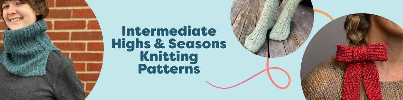 Collection of free intermediate holiday and seasonal knitting patterns from Hobbii, featuring cowls, socks, Christmas decorations, and winter accessories.