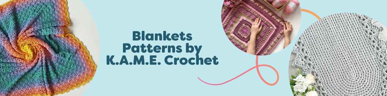 Collection image of K.A.M.E. Crochet blanket patterns—baby blankets and throws with modern textures and motifs, made with soft Hobbii yarns.