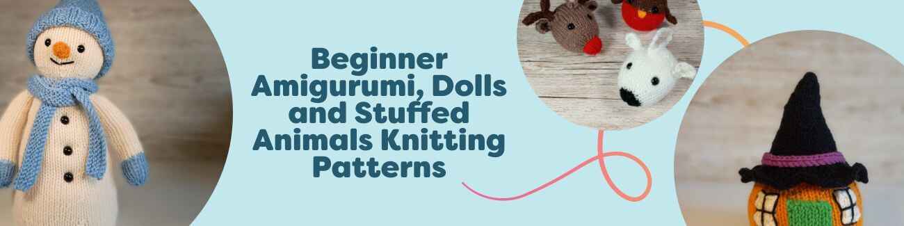 Collage of free beginner amigurumi and knitted stuffed animal patterns from Hobbii, featuring a snowman, reindeer ornaments, a pumpkin house, acorns, and a sheep.