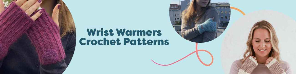 Collection of free crochet wrist warmer patterns from Hobbii, including Havskum, Winter Wind, Coffee and Cream, Soft Twist, and Frozen Rose in cozy textures.