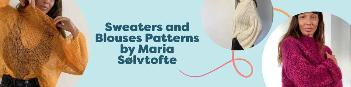 Collection banner showing modern sweaters and blouses by Maria Sølvtofte for Hobbii, including Mandarin Jumper, Mochi, Aster, Bianca, and Summer Lotus knit in soft, Scandinavian-inspired tones.