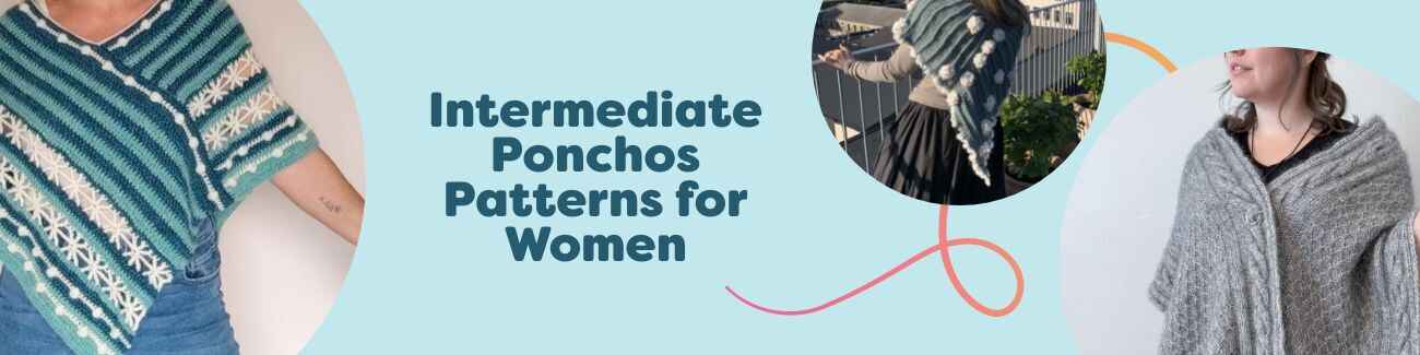 Selection of free intermediate women’s poncho, shawl, and wrap patterns by Hobbii, shown on models in varied colors and textures.