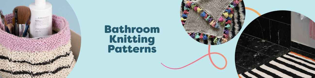 Flat lay of knitted bathroom accessories: bath mats, cotton pads, baskets, and cloths, made in cotton yarn from free Hobbii patterns.