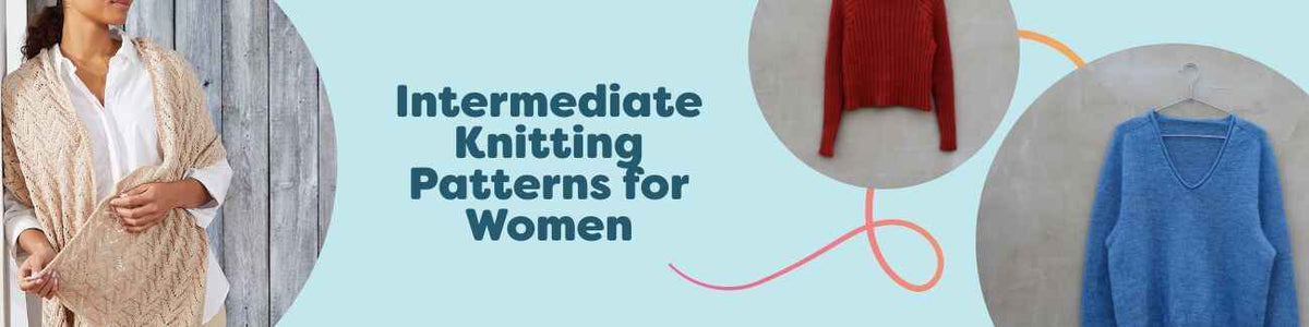 Selection of free intermediate women's knitting patterns - sweaters, shawls, and accessories - styled with Hobbii yarns.