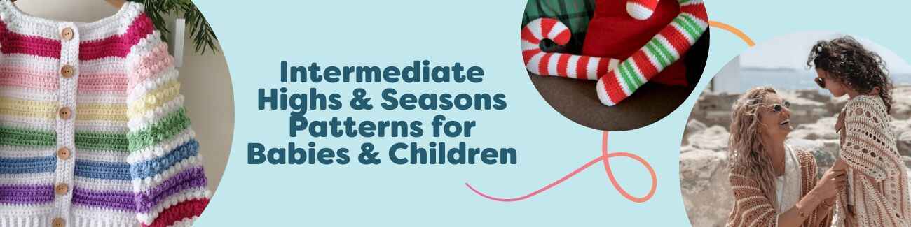 A selection of intermediate crochet projects for kids: a children’s cardigan, plush candy cane pillow, and festive amigurumi toys on a cozy backdrop.