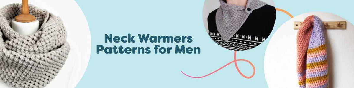 Selection of men's knit and crochet neck warmer patterns from Hobbii, including scarves, cowls, and infinity styles in masculine colors.