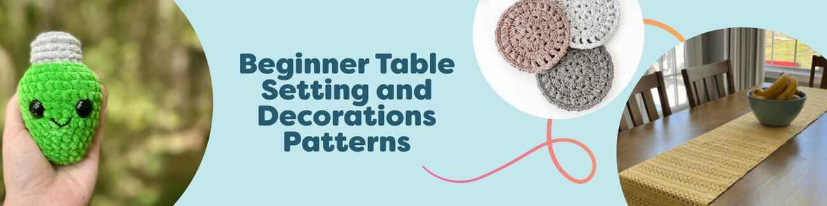 Beginner-friendly table setting patterns from Hobbii featuring coasters, placemats, runners, and simple décor accents.