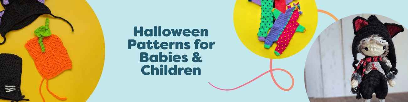 Free Halloween patterns for babies and children: crochet and knitting projects like baby bonnets, monster romper, bat toy, and mummy bear.