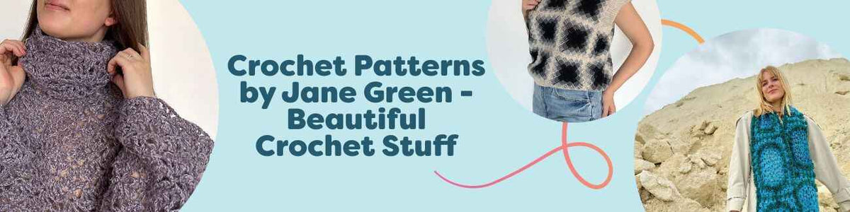 Jane Green crochet patterns at Hobbii: sweater, slipover, top, dress, and scarf in coordinated colors, styled on a light background.