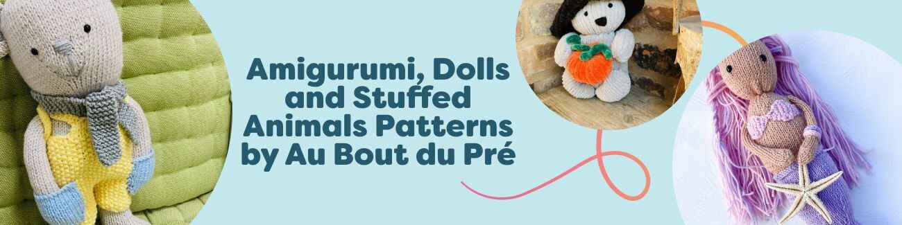 Free amigurumi crochet patterns by Au Bout du Pré featuring Bruno Teddy, Pumpkin Bear, and a Mermaid doll, shown with Hobbii yarn and tools.