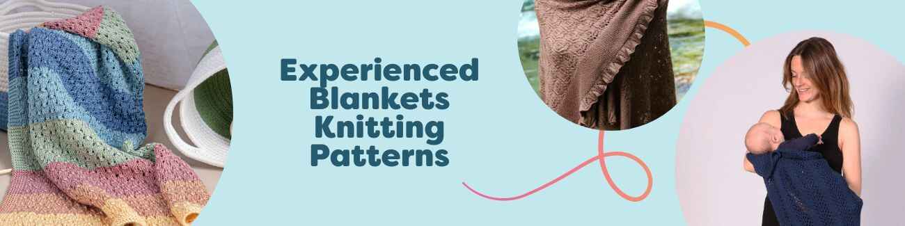 Flat-lay of knitted blankets and a wrap from Hobbii: free, experienced-level patterns in textured stitches for cozy home decor.
