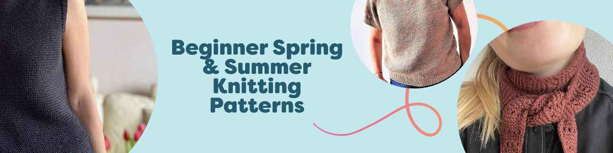 Assortment of beginner-friendly spring and summer knitting projects: lightweight tees, simple tops, airy scarf, and a cotton bucket hat by Hobbii.