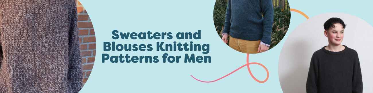 Men’s knitted sweaters and blouses in V-neck, zip-neck, and textured styles, showcasing Hobbii men’s knitting patterns in various yarn weights.