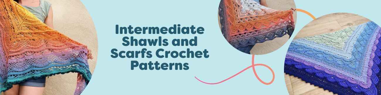 Collage of intermediate crochet shawls and scarves with lace and textured stitches—triangle and rectangular wraps in neutral and jewel-tone Hobbii yarns.