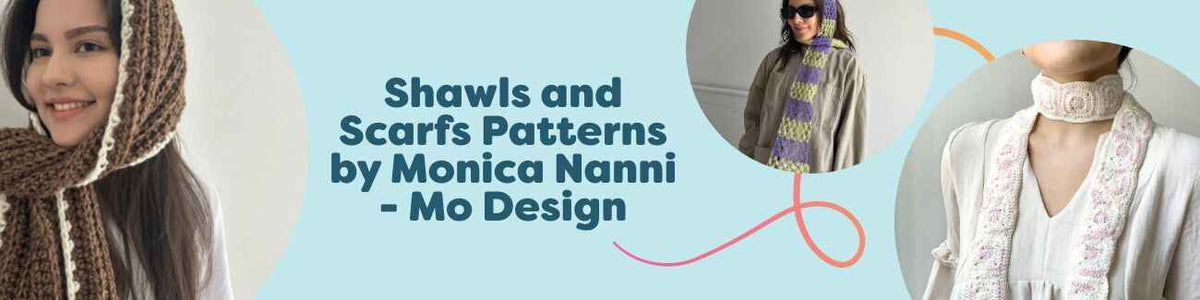 Collection image featuring crochet shawls and scarves by Monica Nanni (Mo Design) for Hobbii, showing textured stitches and drapey yarns; intermediate-friendly.