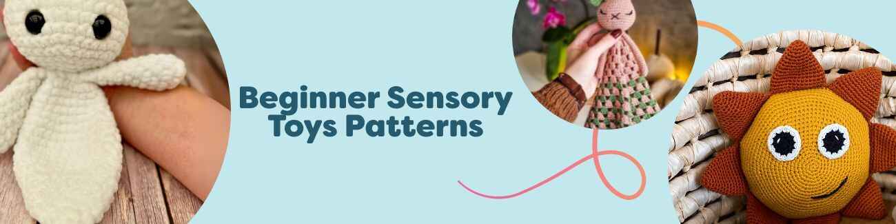 Crocheted beginner sensory toys—bunny rattle, snuggle lovey, sun toy, bunny blanket, and octopus game—in soft pastel Hobbii yarn, styled flat lay.