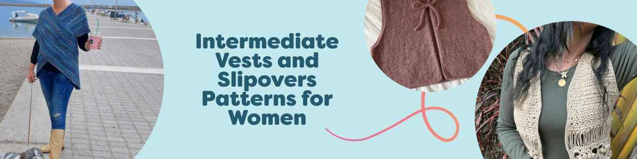 Assorted women’s intermediate vests and slipovers—knit and crochet patterns from Hobbii with cables, colorwork, and textured stitches.