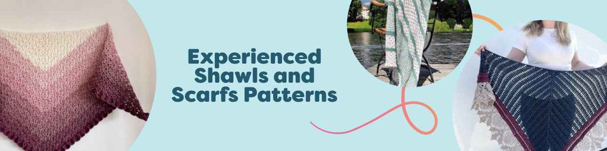 Selection of experienced shawl and scarf patterns for knitters and crocheters from Hobbii, featuring lace, cables, texture, and colorwork.