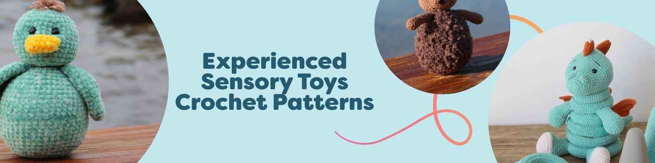 Assorted crocheted sensory toys for experienced makers: stacking cubes with animals, a stackable dino, and Tumle Coco in soft yarns.