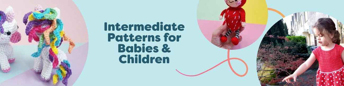 Free intermediate crochet patterns for babies and children featuring amigurumi toys, cozy sweaters, dresses, and blankets made with soft, colorful yarn.