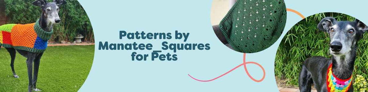 Manatee_Squares pet pattern collection featuring a dog jumper, bandana, and paw‑print blanket made with Hobbii yarns, styled for knitters and crocheters.