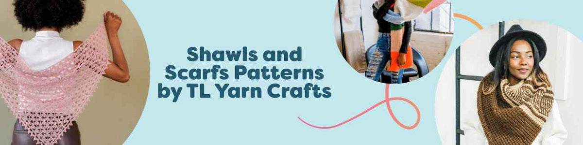TL Yarn Crafts crochet shawls, scarves, and kerchiefs laid flat, showing textured stitches and varied colors.