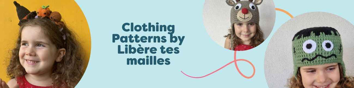 Flat-lay image showing crochet hats, a headband, and shawls designed by Libère tes mailles for Hobbii, suitable for intermediate makers.