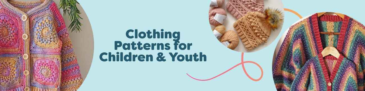 Children’s and youth knit and crochet clothing patterns—hexagon and classic cardigans, beanies, and an infinity scarf—made with colorful Hobbii yarn.