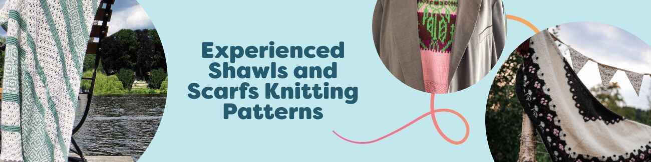 Selection of free experienced shawl and scarf knitting patterns by Hobbii, featuring lace shawls, cabled scarves, and textured neck warmers in soft yarns.