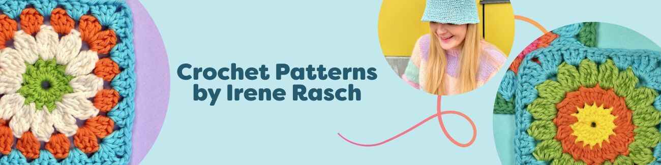 Selection of Irene Rasch crochet patterns at Hobbii, featuring granny square motifs, a bucket hat, a beret, and a textured mat in bright yarns.