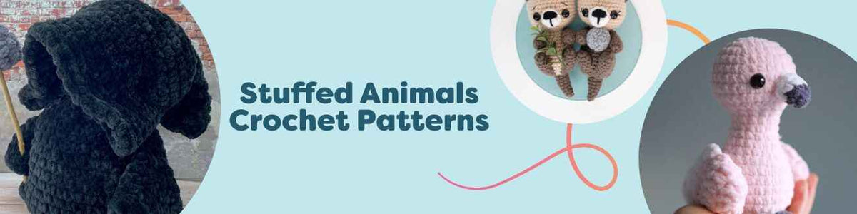 Assorted amigurumi stuffed animals crochet patterns from Hobbii, featuring a plush dragon, flamingo, otter friends, tarantula, and a cute Grim Reaper.