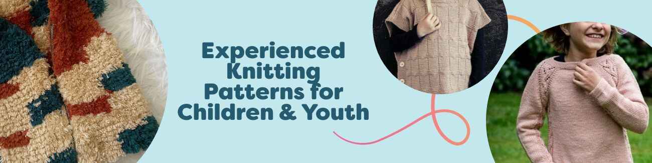 Experienced knitting patterns for children and youth at Hobbii: kids wearing hand-knit sweaters, vests, and ponchos in soft yarns.