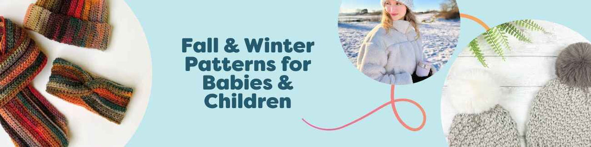 Fall and winter knitting and crochet patterns for babies and children—beanies, scarves, cardigans, and hats in cozy seasonal colors by Hobbii.